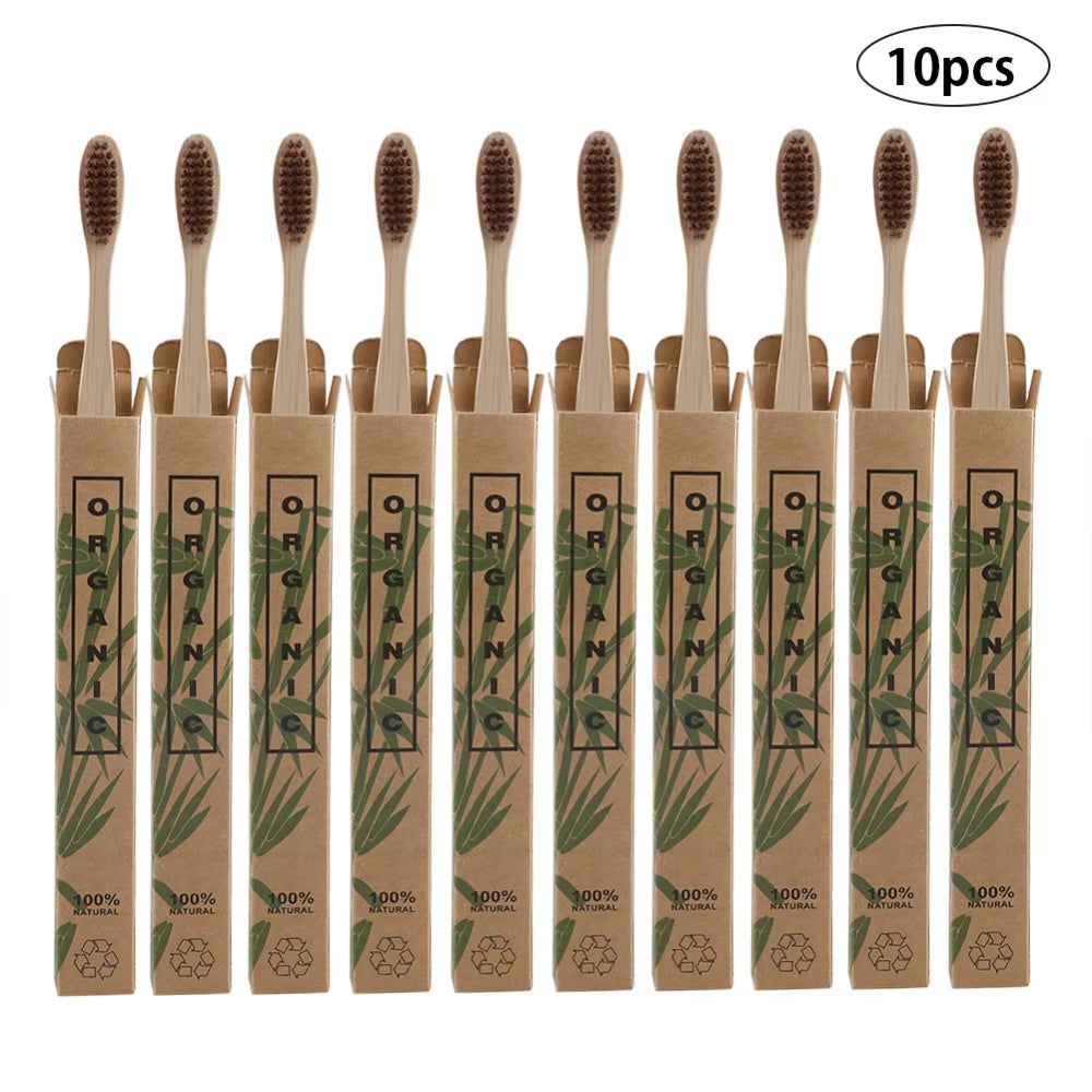 10Pcs/Set Pure Natural Bamboo Eco-Friendly Toothbrush Soft-Bristle Charcoal Square Wooden Handle Toothbrushes Dental Care Tools