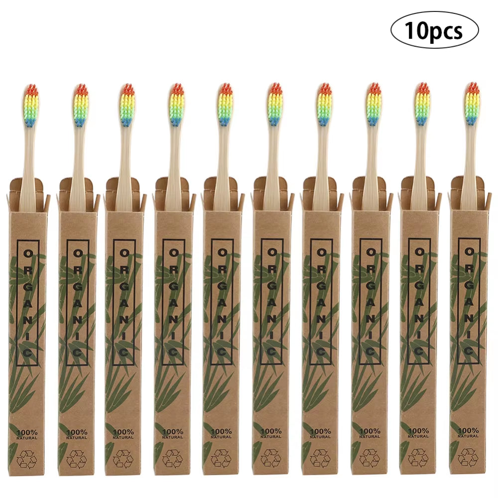 10Pcs/Set Pure Natural Bamboo Eco-Friendly Toothbrush Soft-Bristle Charcoal Square Wooden Handle Toothbrushes Dental Care Tools