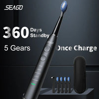 Electric Sonic Toothbrush USB Rechargeable Adult 360 Days Long Battery Life IPX7 4 Replacement Heads Travel Box SG-575