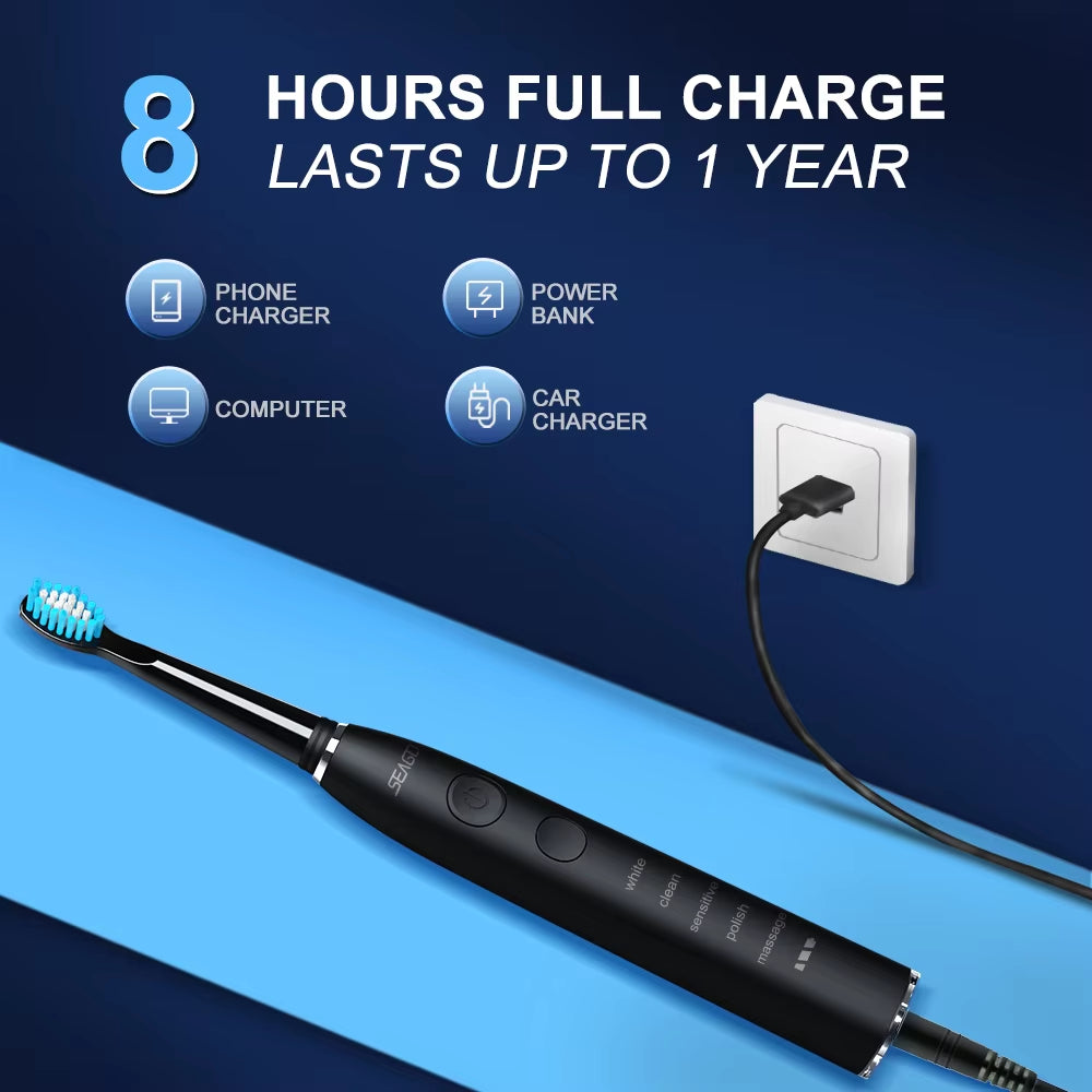 Electric Sonic Toothbrush USB Rechargeable Adult 360 Days Long Battery Life IPX7 4 Replacement Heads Travel Box SG-575