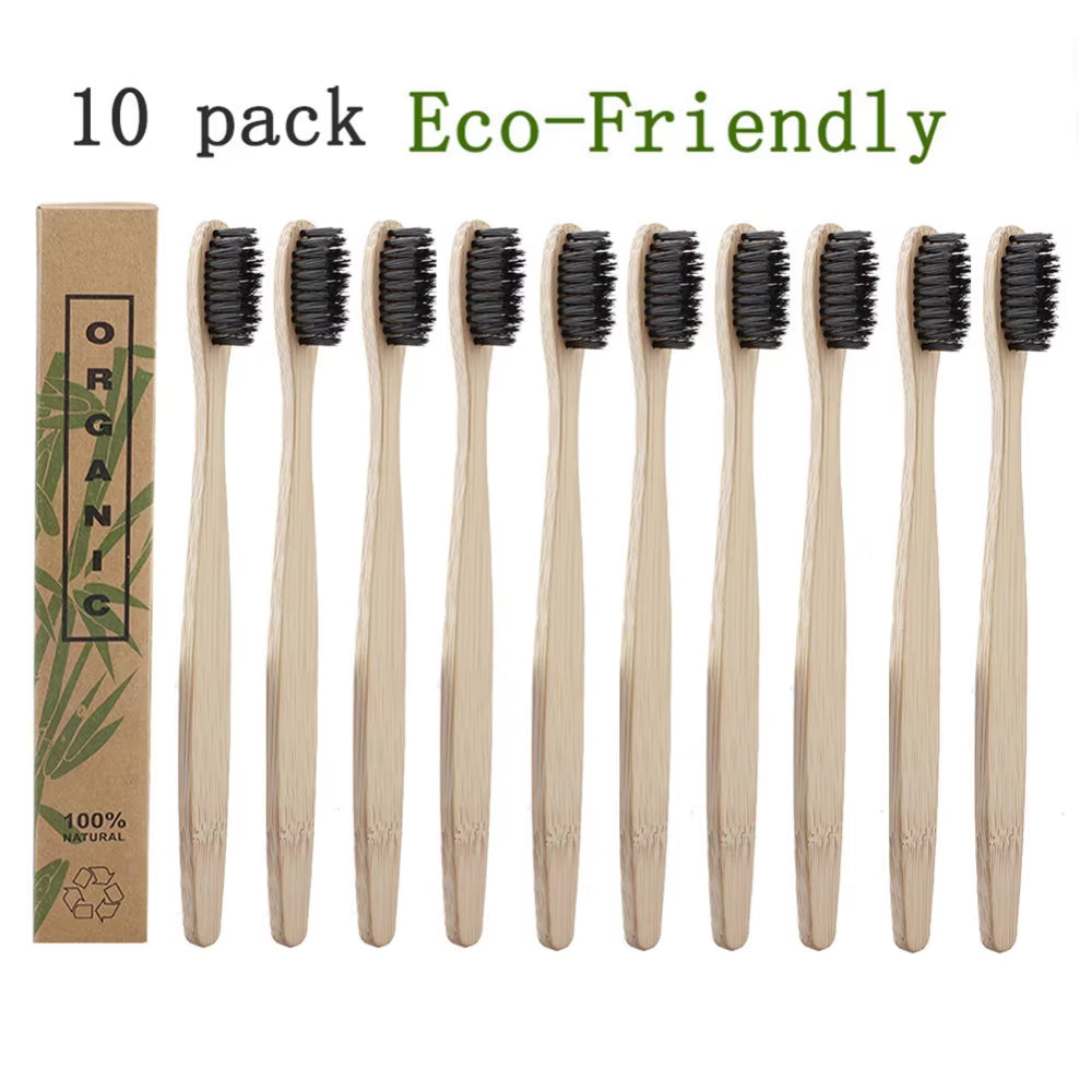 10Pcs/Set Pure Natural Bamboo Eco-Friendly Toothbrush Soft-Bristle Charcoal Square Wooden Handle Toothbrushes Dental Care Tools