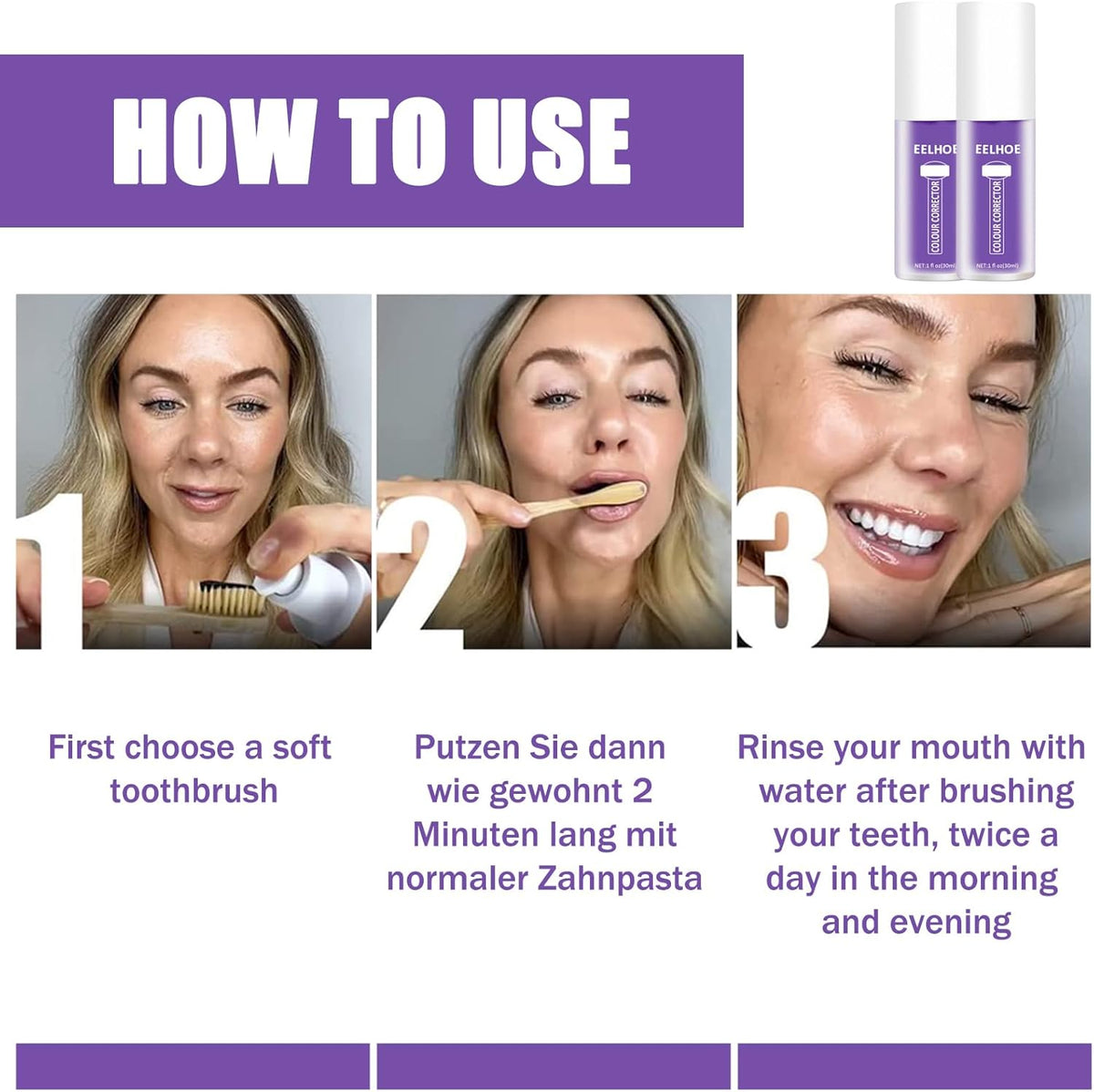 Colour Corrector Color Zähne 3Pcs Lila Zahnpasta Weisse Zähne Farbkorrektur Frilla Zahnpaste New Oral Foam Purple Toothpaste Zahnpasta Lila Teeth Whitening