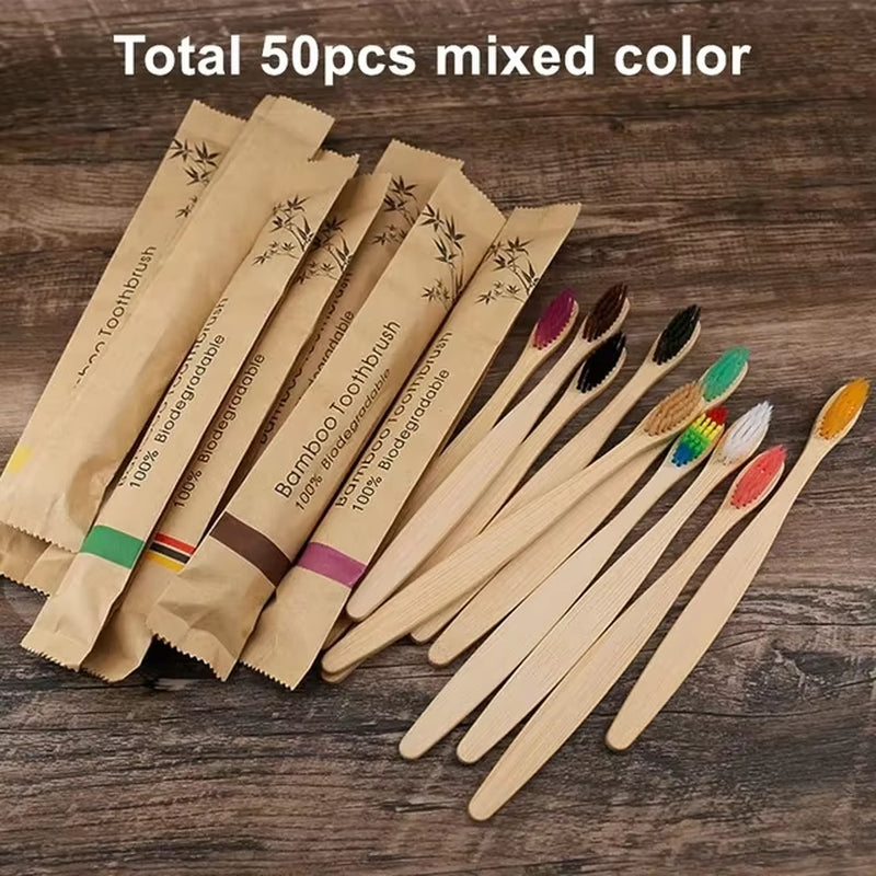 50Pcs Natural Bamboo Toothbrush Wood Toothbrushes Soft Bristles Fiber Teeth Brush Eco-Friendly Oral Care Wholesale